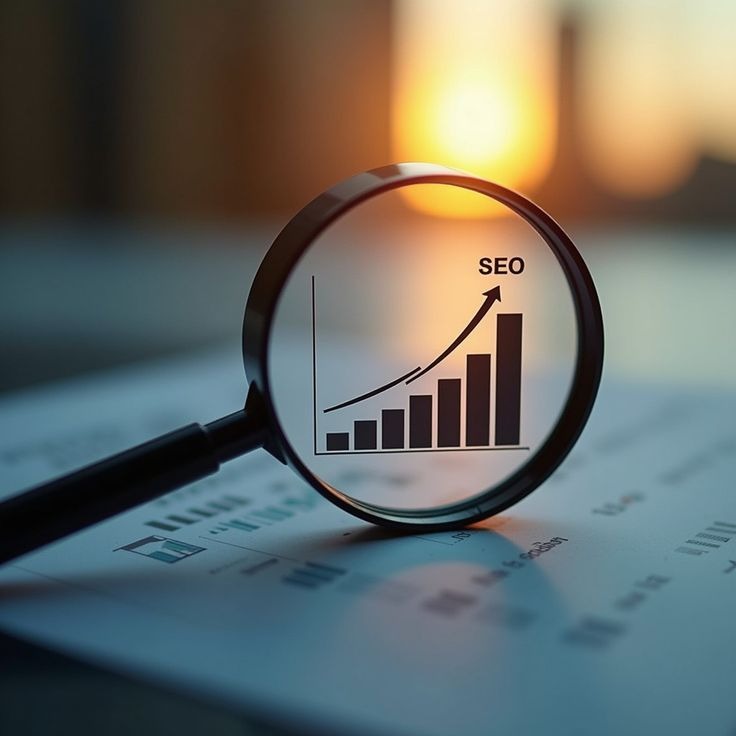 SEO growth analytics with magnifying glass showing rising bar chart